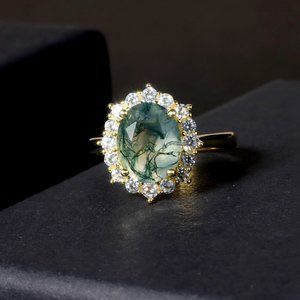 925 Sterling Silver Natural Green Moss Agate Raw Stone --18k Forest Ring